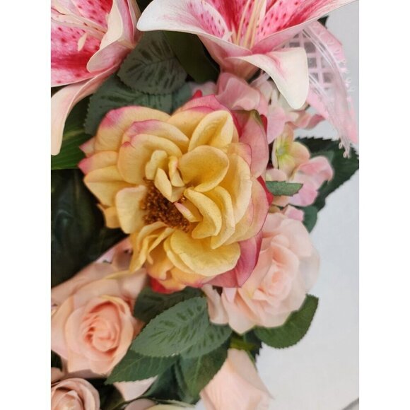 Pink Artificial Floral Wreath With Roses & Lilies For Home Decor - Picture 4 of 15